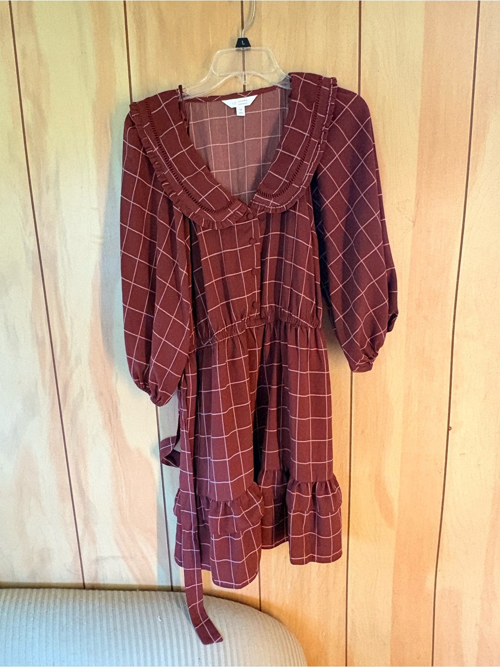 Lauren Conrad Women’s Windowpane Ruffle Collar Dress in Burgundy